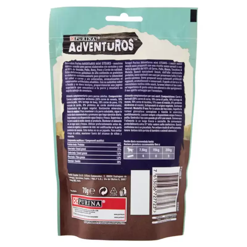 Purina Adventuros Mini Steaks Venit, Pui, Vita, Curcan & Porc 70 g Bax 7 buc.